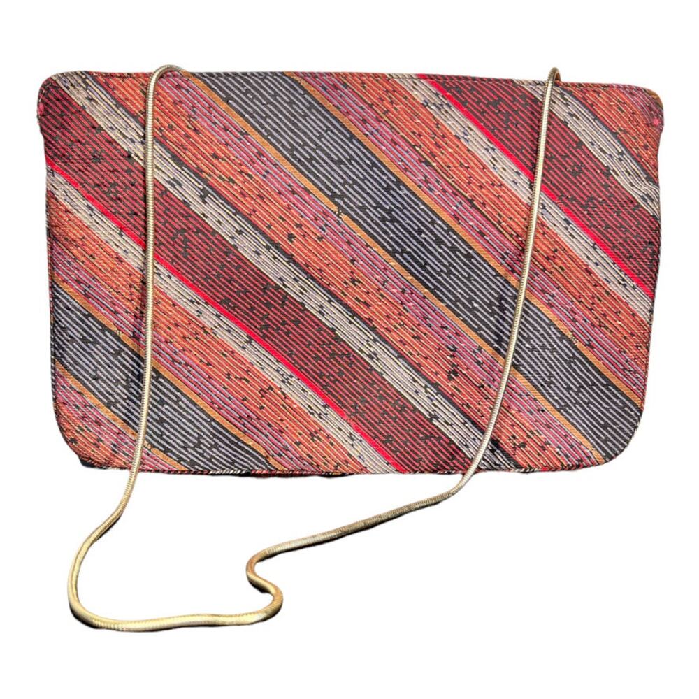 VTG 70s 80s Clutch Bag Purse 10.5 x 7 Cocktail Stripe Blue Red Gold Chain Retro
